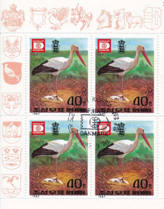 (1987-090a) Лист (4м) Северная Корея &quot;Аист&quot;   Выставка почтовых марок &quot;Hafnia '87&quot; - Копенгаген, Дан